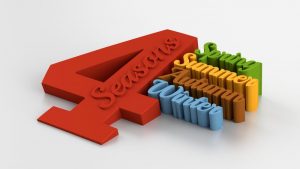 A 3D illustration of the words "4 Seasons" with Spring, Summer, Autumn, and Winter in colorful text.