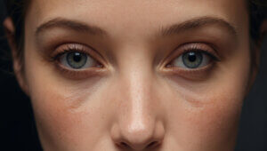 Close-up of a women's eyes with visible under-eye puffiness and dark circles, highlighting skin texture.