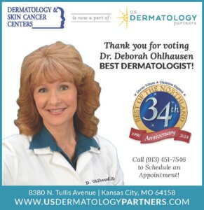 A congratulatory graphic for Dr. Deborah Ohlhausen, voted Best Dermatologist, featuring her photo.